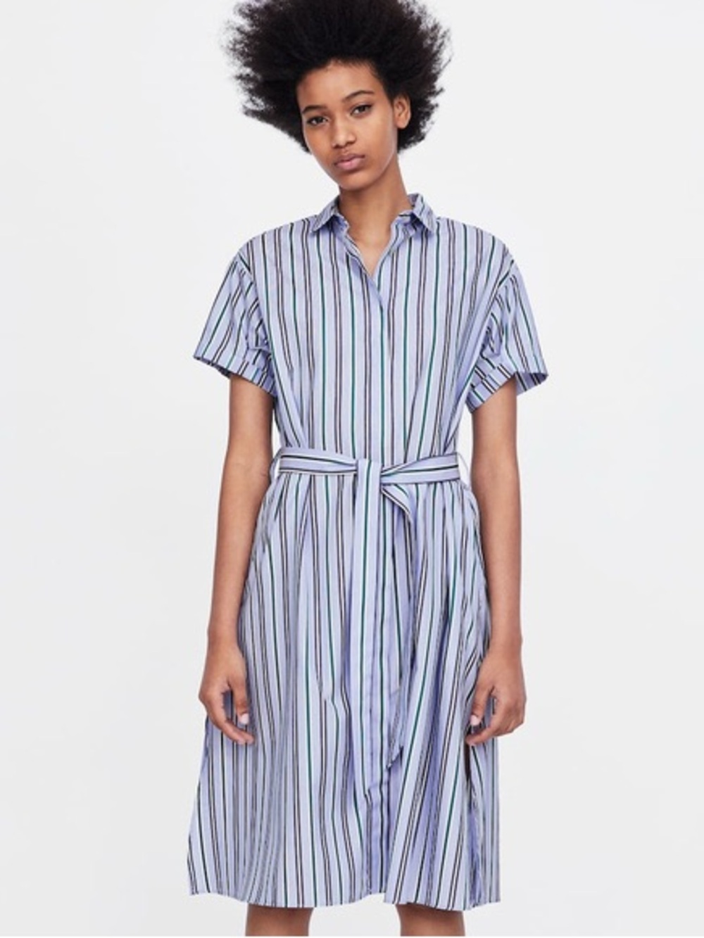 Zara Light Blue, White and Navy Vertical-Stripe Midi Shirt Dress